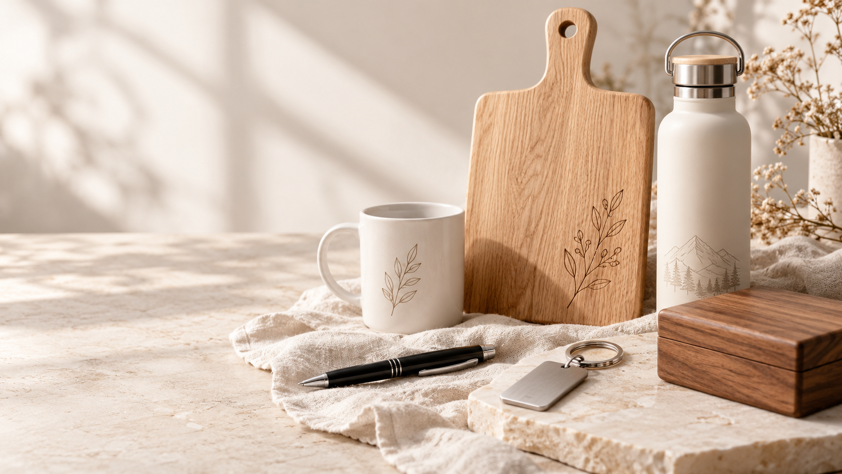 Gestaltungsbeispiel für persönliche Geschenke in warmen Beige- und Weißtönen